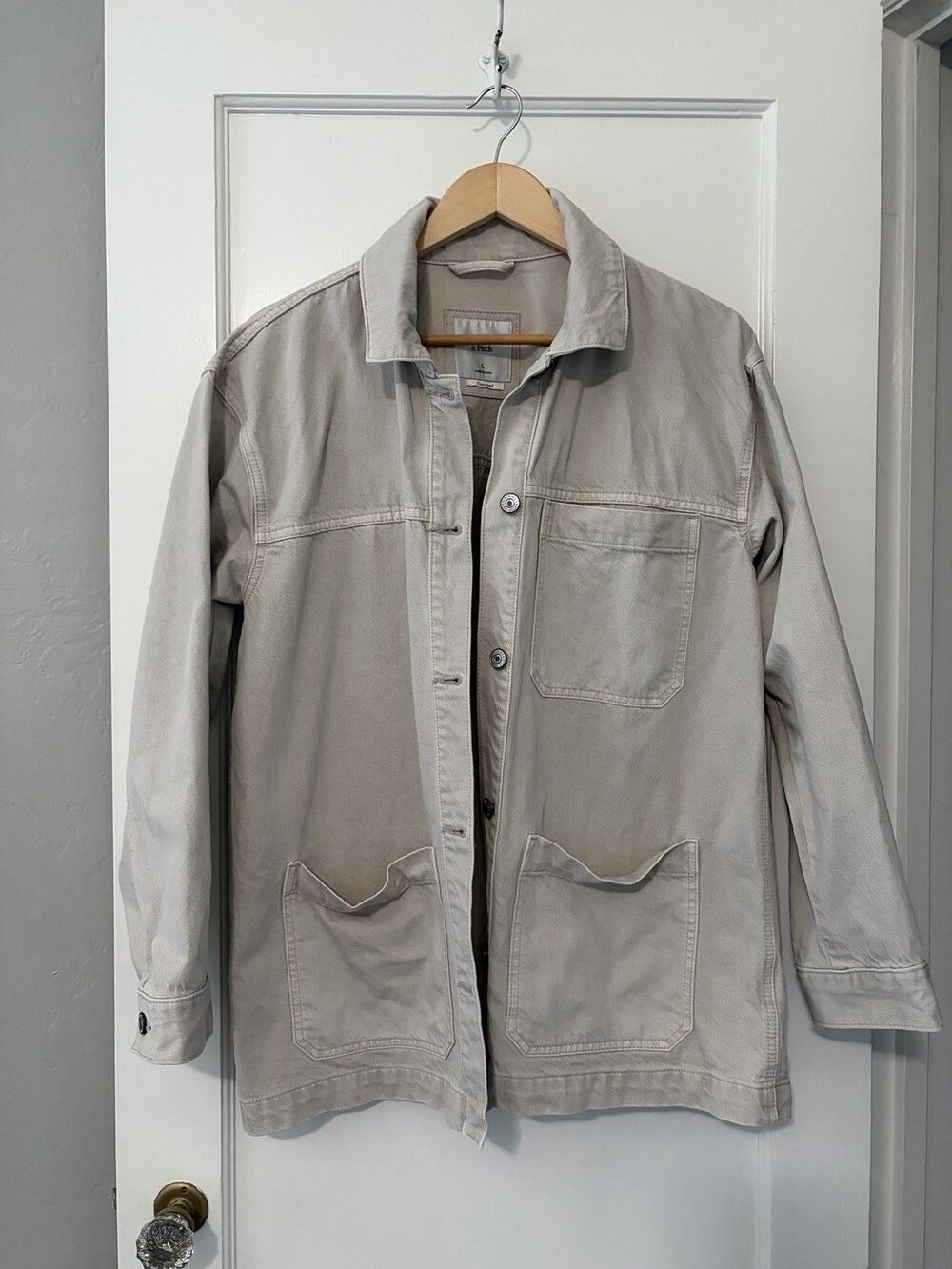 Abercrombie Women L Oversized Chore Jacket Beige Utility Workwear Cotton Lyocell